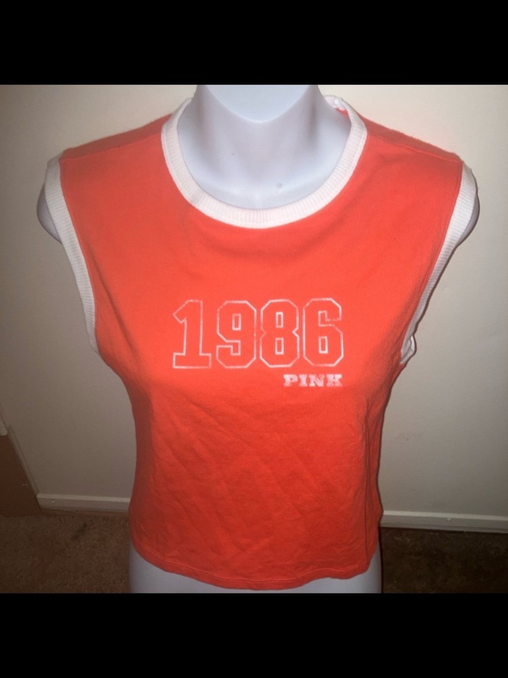 PINK Victoria's Secret Orange Crop Tank with White Trim and '1986' Graphic